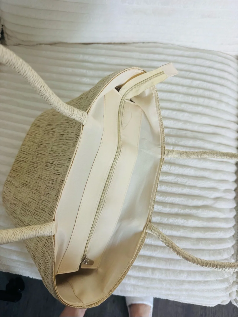 Woven Straw Tote Bag with Brown Logo Accent